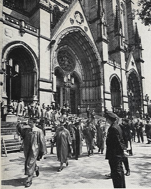 Students walking out of Columbia University Commencement 1968
