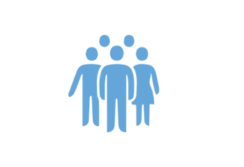 Pale blue and white icon with silhouettes of five people standing together