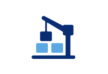 Two-tone blue and white icon of a construction crane