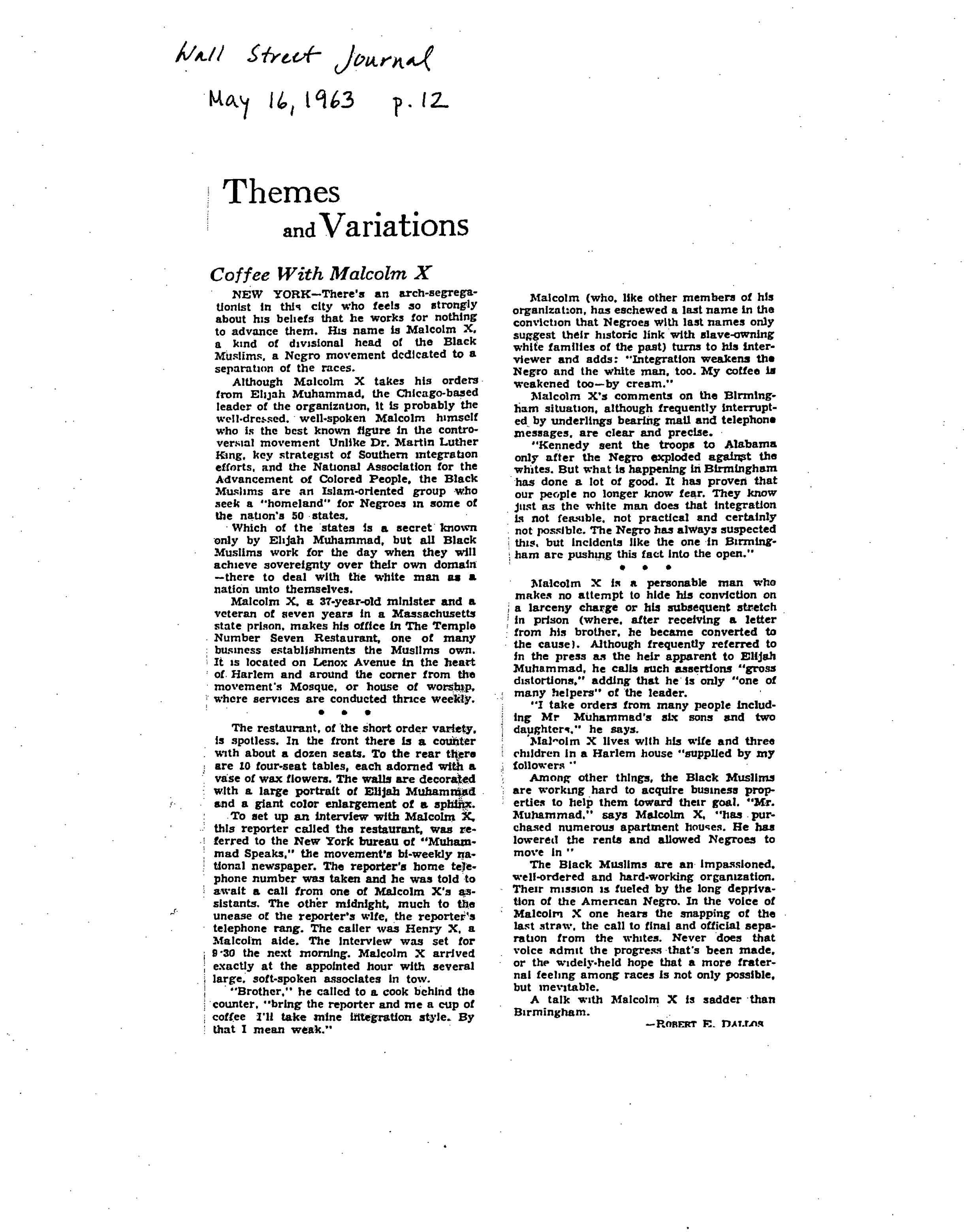 The Malcolm X Project At Columbia University Themes And Variations Coffee With Malcolm X Wall Street Journal May P