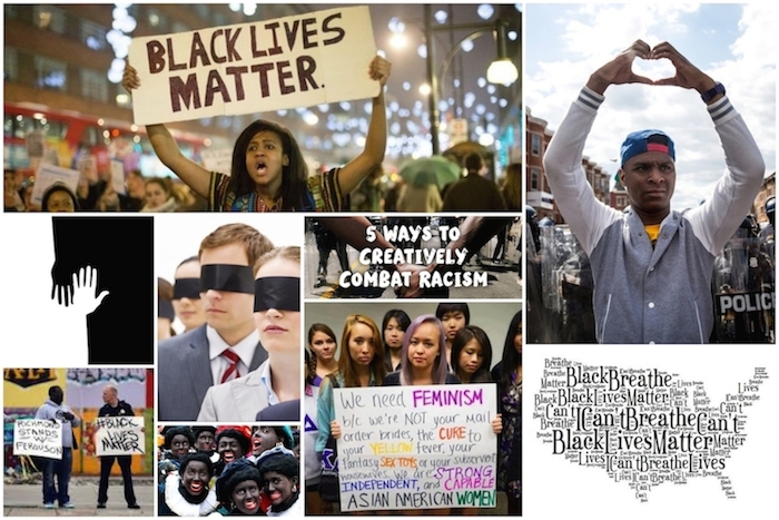 Montage of demonstrators and racism-related imagery.