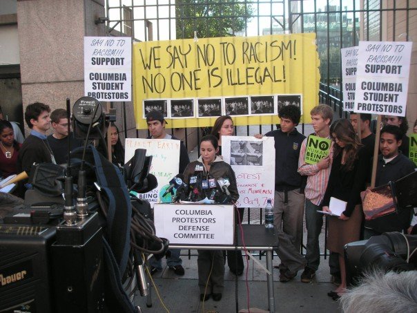 Columbia ISO member Monique Dols speaking at
a press conference in defense of the protest against Gilchrist.