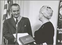 Photograph of President Johnson presenting the Medal of Freedom to Edith Altschul Lehman (Mrs. Herbert H. Lehman),
Washington, D.C., December 6, 1963, RBML, Lehman Papers
