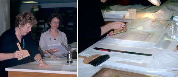 Left: Preparing the lining paper. Right: Water is brushed on an intermediary sheet to humidify the print.