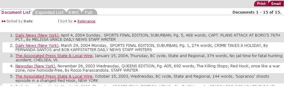 Brief list of search results