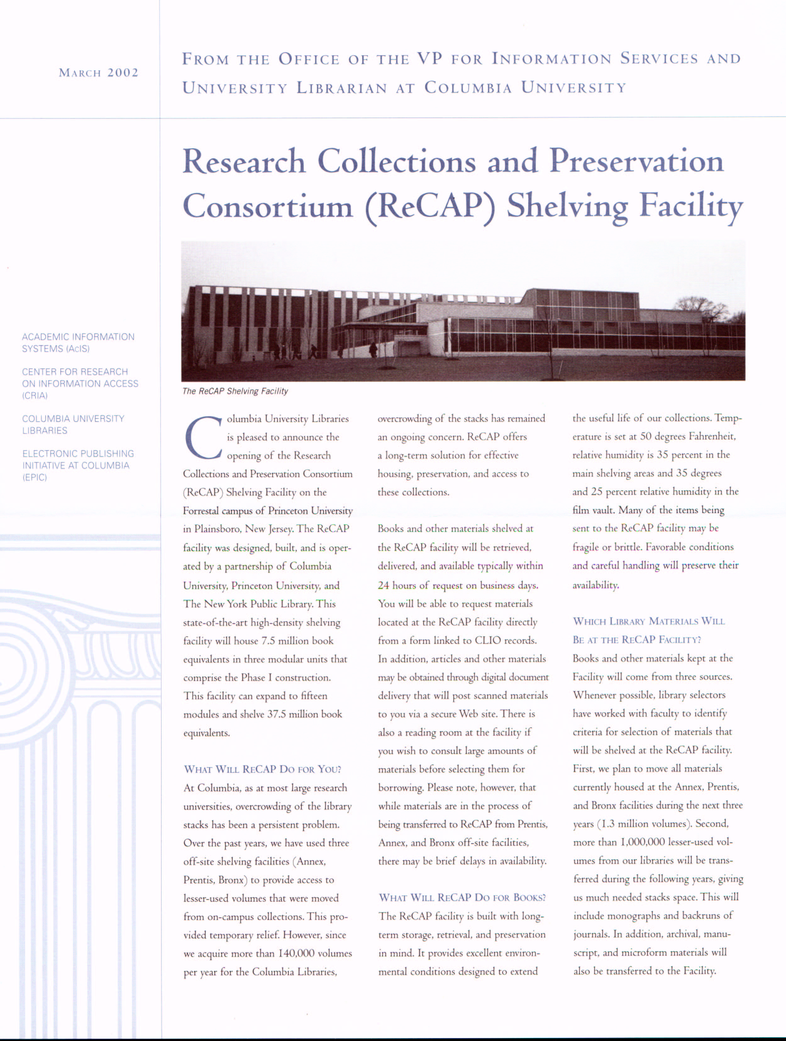 Research Collections and Preservation Consortium (ReCAP) Shelving Facility (March 2002)
