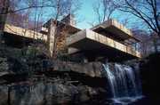 Frank Lloyd Wright, 1867-1959. Falling Water (The Kaufmann House). 1936-, Bear Run, PA. General view from below the falls.
