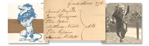 (L to R) Cover detail from /The Columbia Jester/, v. 50, n. 1, April 1951; Graduates, 1776.  Detail from The Matricula or Register of Admissions & Graduations in King�s College at New York, 1754-1777, p. 23; The Columbia Lion mascot, 1920.