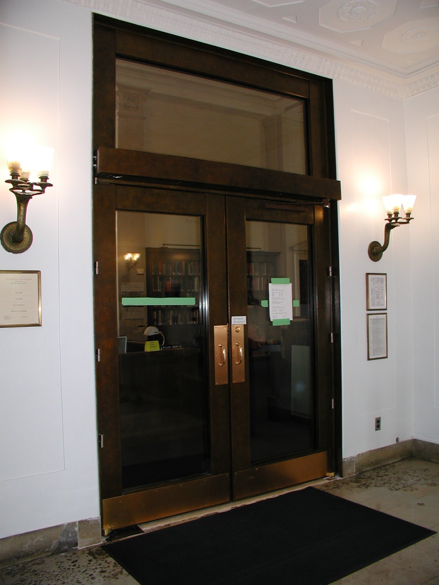 Avery Library's new doors (with temporary signage)
