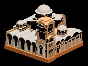 Model of Kariye Camii with arched roof, closed arcades, and bell tower