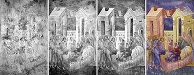 The Raising of the Daughter of Jairus in four stages of restoration.