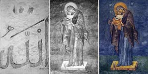 The Virgin Eleousa in three stages of restoration. 