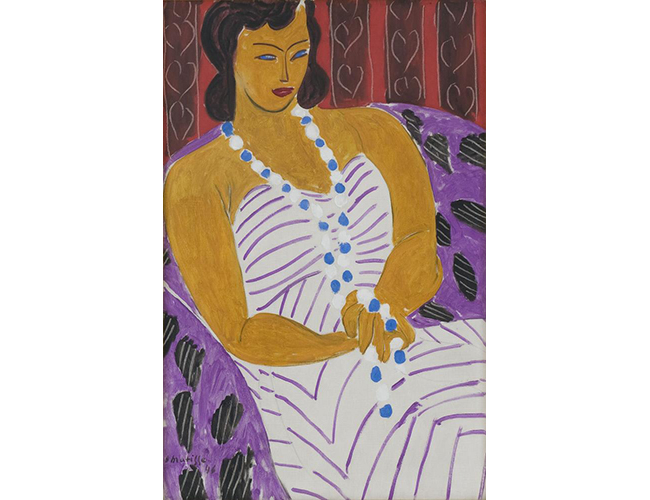 Henri Matisse. Dame à la robe blanche, (Woman in White), 1946. Oil on canvas; 96.5 x 60.3 cm. Des Moines Art Center, Gift of John and Elizabeth Bates Cowles, Acc. No. 1959.40. © Succession H. Matisse / Artists Rights Society (ARS), New York Dame a la robe blance