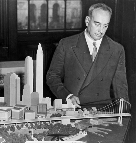 Robert Moses with a model of his proposed Battery Bridge