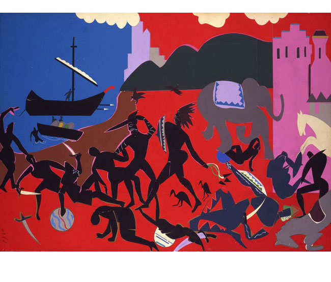 <em>Battle with Cicones</em>, 1977. Collage of various papers with paint and graphite on fiberboard. Art © Romare Bearden Foundation, Licensed by VAGA, New York Battle with Cicones, 1977