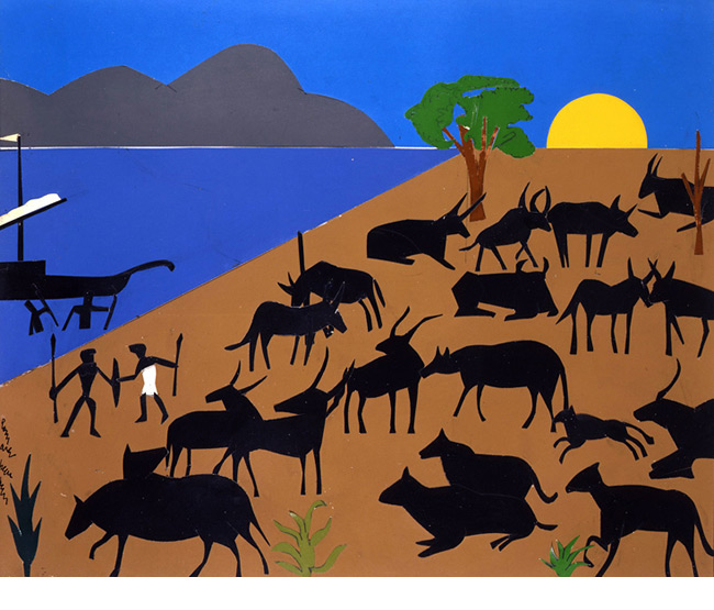 <em>Cattle of the Sun God</em>, 1977. Collage of various papers with paint and graphite on fiberboard. Cattle of the Sun God, 1977