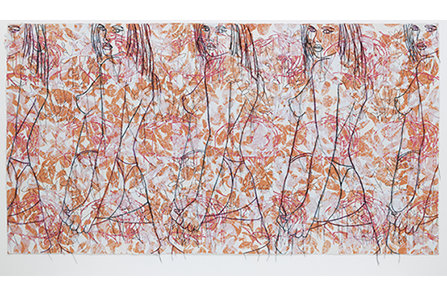 Ghada Amer & Reza Farkhondeh, <i>ORANGE DREAM</i>, 2007. Mixed media on STPI handmade, cotton paper; 57 1/4 x 108 1/4 in. Courtesy the artist and Cheim & Read, New York. Orange Dream