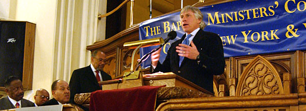 Columbia University President Lee C. Bollinger joined community, civic, and political leaders at the Baptist Minister's Conference of Greater New York and Vicinity at the Convent Avenue Baptist Church to pay tribute at the annual interfaith service honoring Dr. Martin Luther King, Jr. Day.
