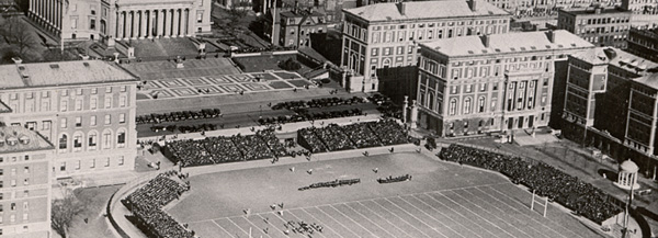 Decades ago, football, baseball and other sports were played on South Field in the heart of the main campus. This photo, taken in the early 1920s, shows Columbia's first football field, in the area where Carman and Lerner Halls and Butler Library are today.