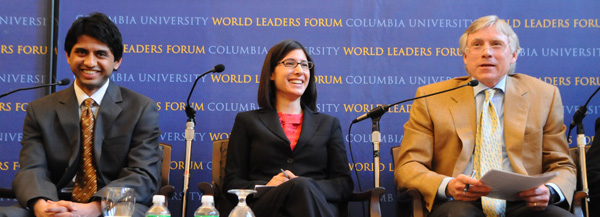 Columbia University President Lee C. Bollinger and students Sashti Balasundaram (Mailman ’08) and Melissa D'Agostino (B ’08) discuss the impact of young people at a World Leaders Forum event.