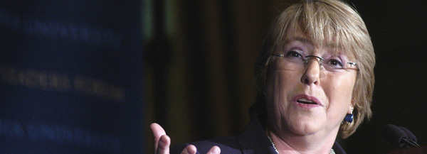 Michelle Bachelet, president of the Republic of Chile, was one of many international figures who spoke at the Columbia University World Leaders Forum Sept. 24–28.