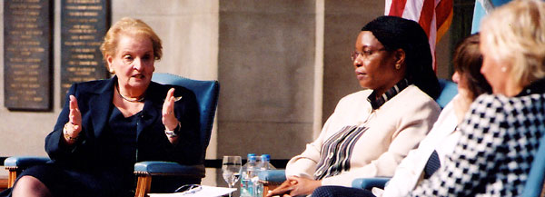 Former U.S. Secretary of State Madeleine Albright and Minister of Foreign Affairs of the Republic of Niger Dodo Aichatou Mindaoudou participate in a panel at the 2004 World Leaders Forum.