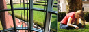Ferris Booth Commons' spiral stairwell, looking out over the quad.