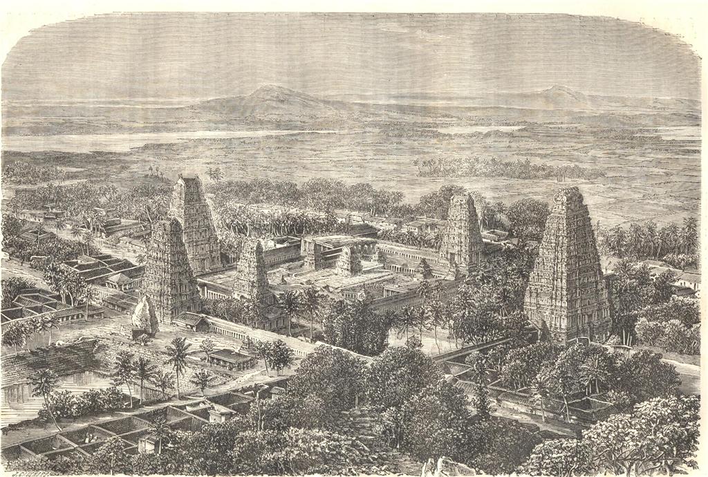 मीनाक्षी अम्मन मंदिर का दृश्य, 'ले टूर डू मॉन्डे' से ई। थोरोंड द्वारा उकेरी गई लकड़ी, 1869