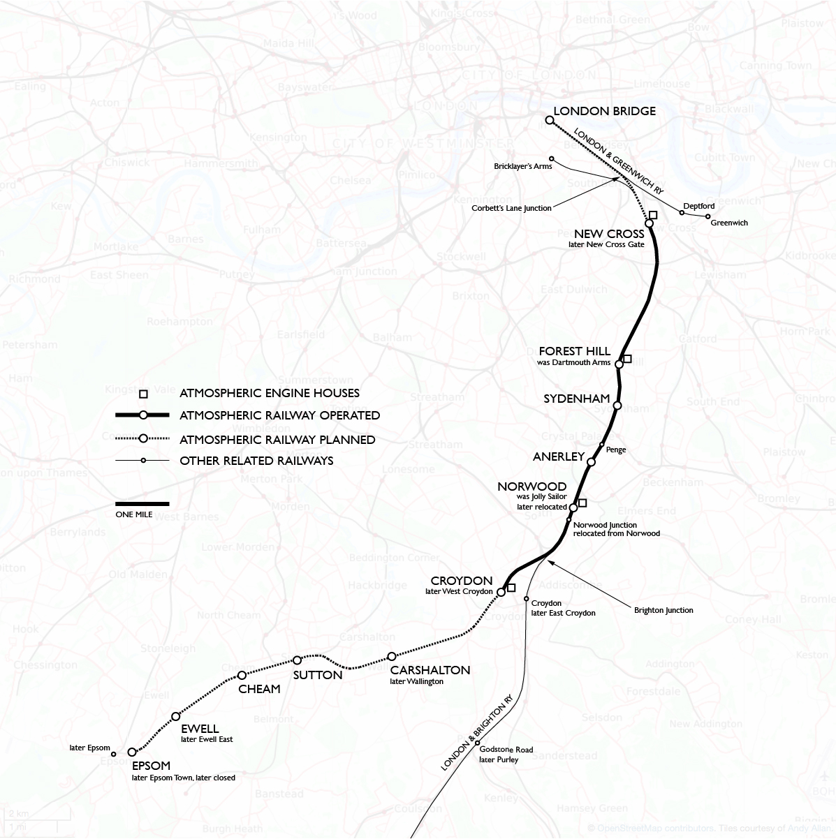 map from London Bridge to Epsom