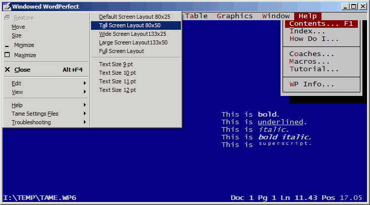 Screen shot of WPDOS under Tame