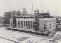The construction of South Hall (later renamed Butler Library) Cranes and scaffolding on Butler Library