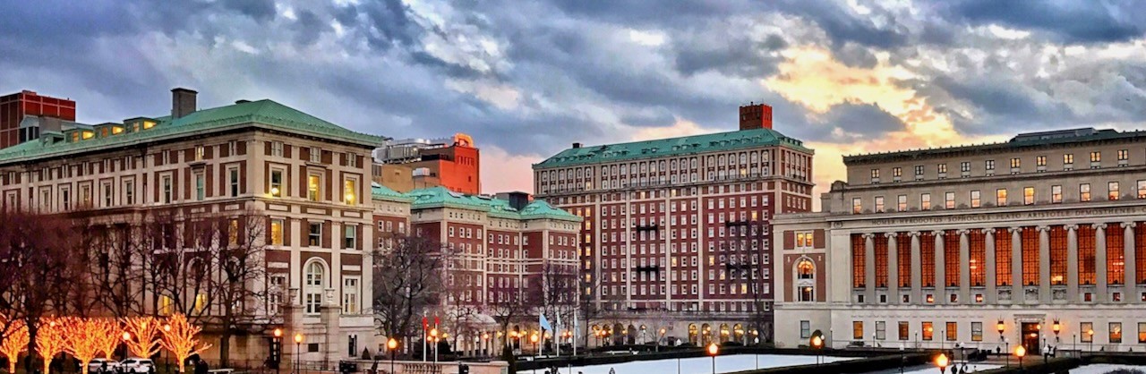 Lights come on at dusk on Morningside Heights Campus