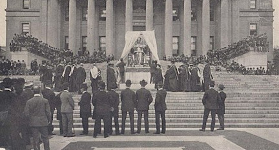The bronze statue of Alma Mater was unveiled in 1903. The bronze statue of Alma Mater in front of Low Library was unveiled in 1903.