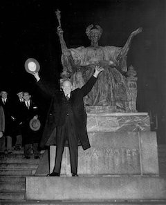 United States President-elect Dwight D. Eisenhower in front of Alma Mater in January 1953. United States President-elect Dwight D. Eisenhower in front of Alma Mater in January 1953.