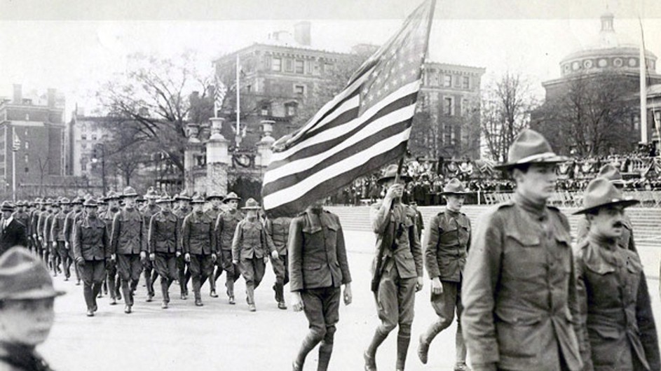 A formation of soldiers marching on Columbia's campus during World War I. A formation of soldiers marching on Columbia's campus during World War I.