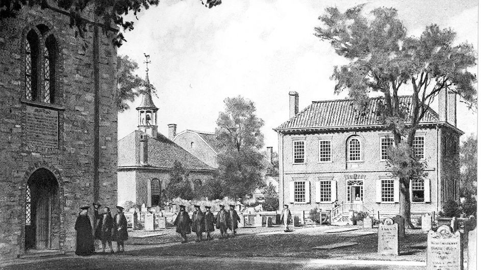 Columbia College’s first-ever class was held in a schoolhouse connected to Trinity Church in lower Manhattan. Columbia College’s first-ever class was held in a schoolhouse connected to Trinity Church in lower Manhattan.