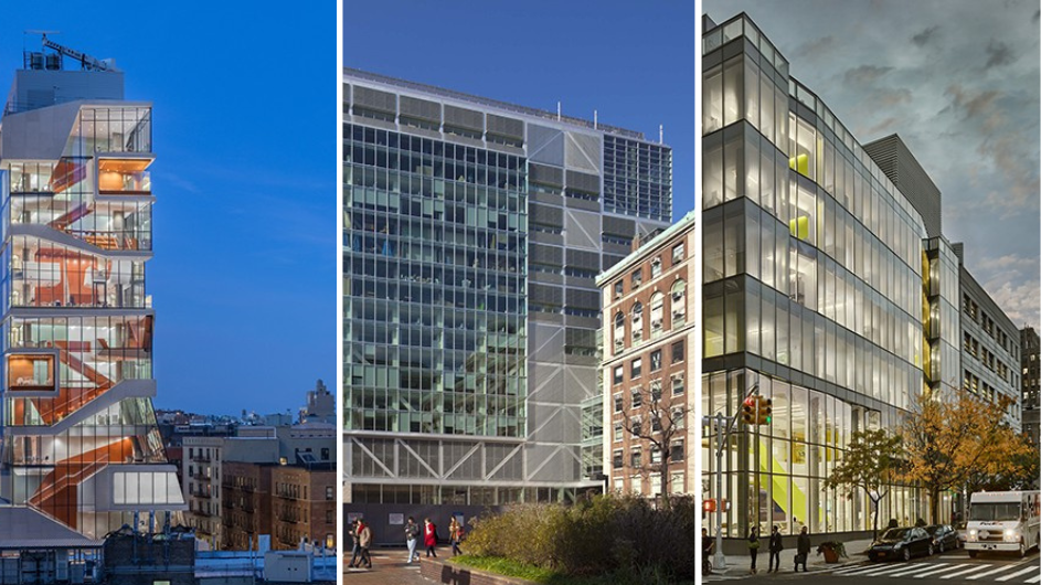 From left to right: Roy and Diana Vagelos Education Center, the Northwest Corner Building, and the School of Nursing Building. From left to right: Roy and Diana Vagelos Education Center, the Northwest Corner Building, and the School of Nursing Building.