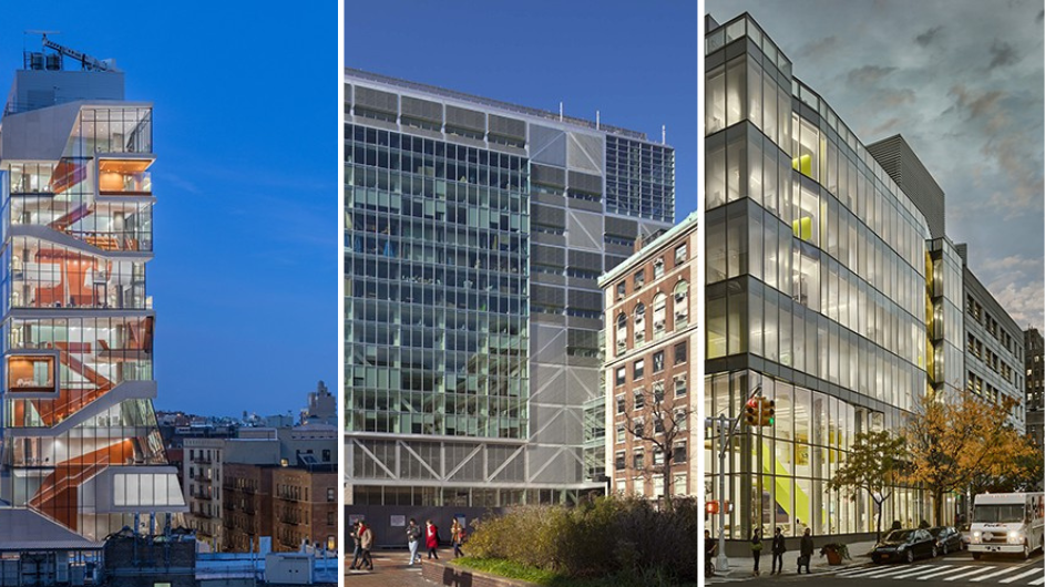 From left to right: Roy and Diana Vagelos Education Center, the Northwest Corner Building, and the School of Nursing Building.