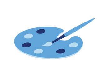 Three-tone blue and white icon of a painters palette and brush