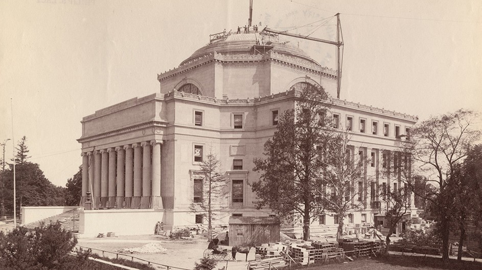 Construction of Low Library around 1896 at the University's new location in Morningside Heights.