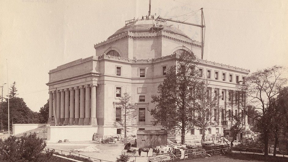 Construction of Low Library around 1896 at the University's new location in Morningside Heights. Construction of Low Library around 1896 at the University's new location in Morningside Heights.