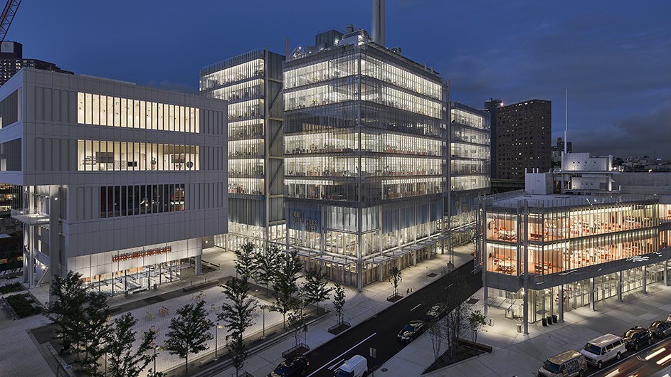 Columbia’s Manhattanville campus (from left to right): the Lenfest Center for the Arts, the Jerome L. Greene Science Center, and The Forum. Photo by Frank Oudeman.