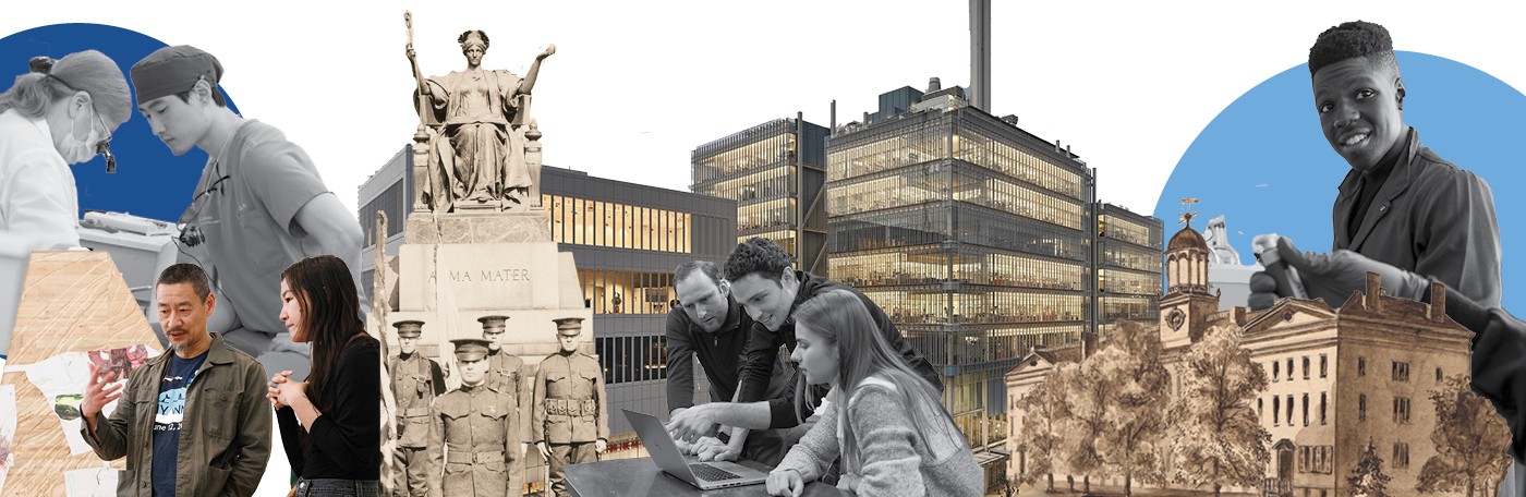 A collage of images showing people, buildings from Columbia University, past and present. 