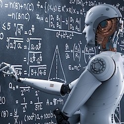 A robot solving a math problem on a chalkboard.