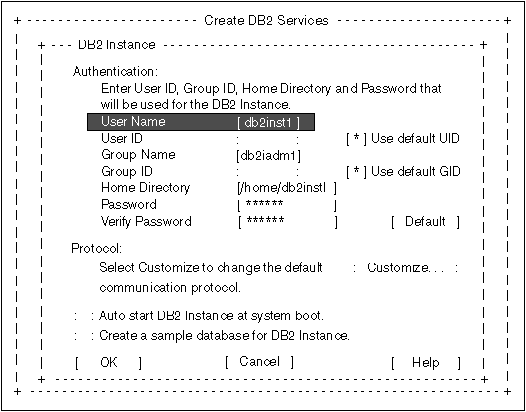 Entering information to create a DB2 Instance (CAE)