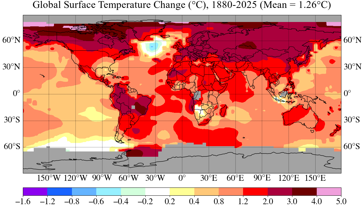 Land-ocean surface temperature change, 1880 to 2025.