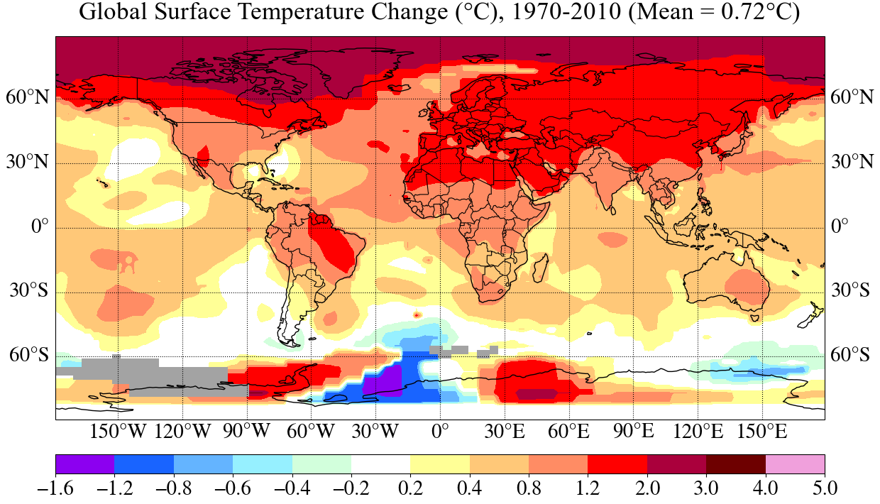 Land-ocean surface temperature change, 1970 to 2010.
