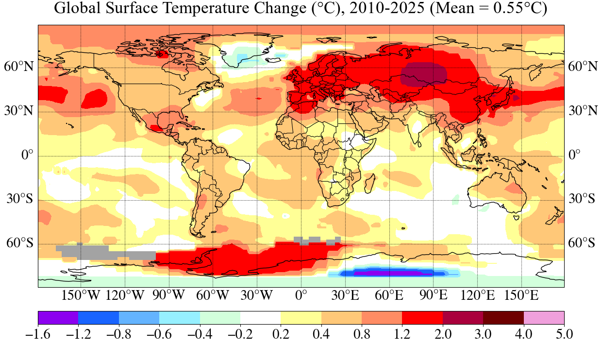 Land-ocean surface temperature change, 2010 to 2025.