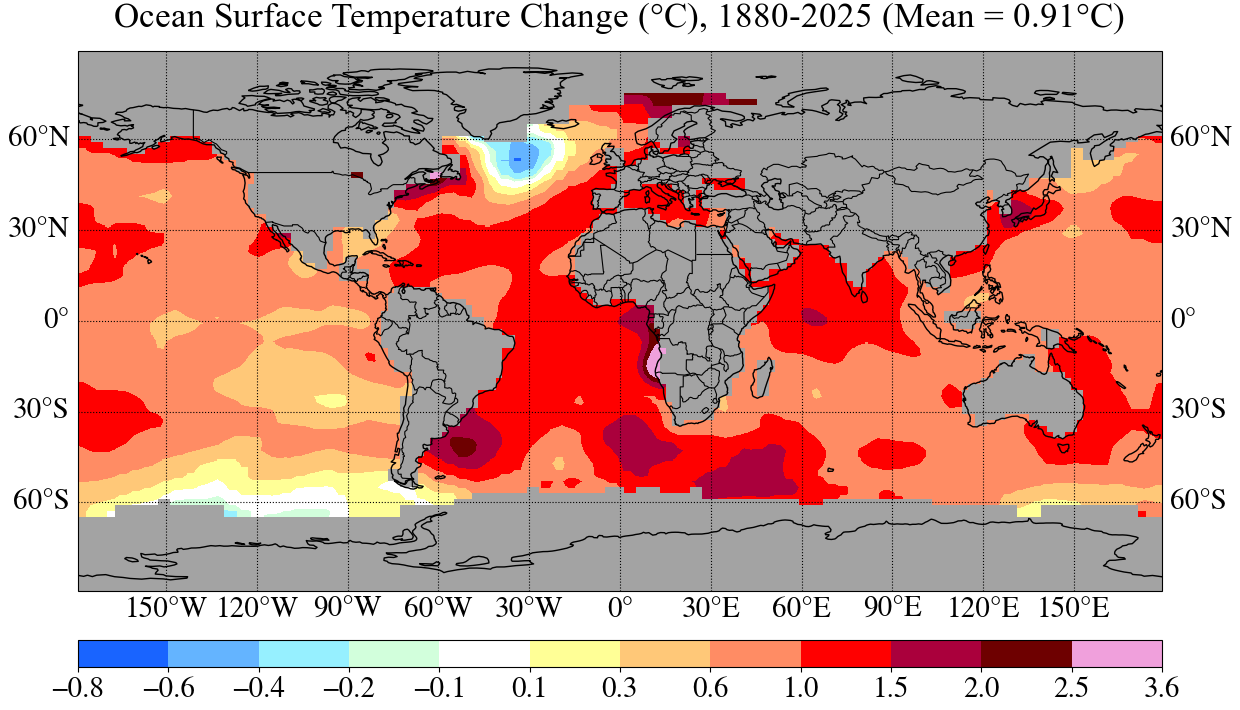 Ocean surface temperature change, 1880 to 2025.