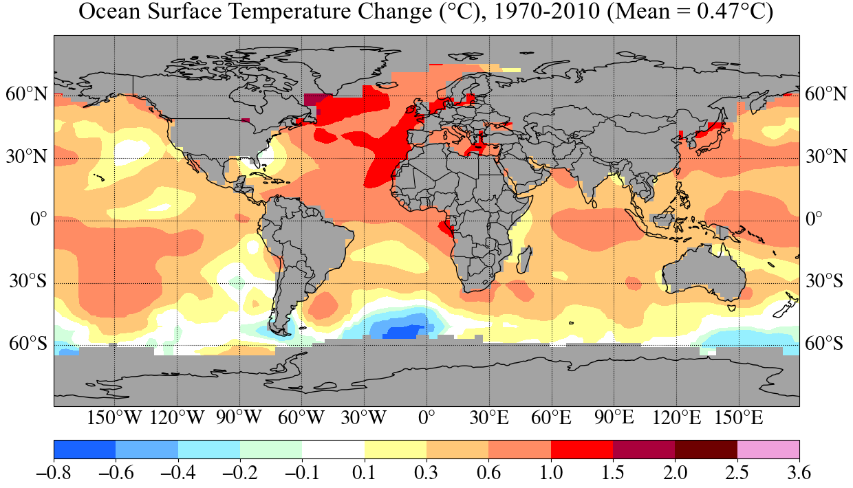Ocean surface temperature change, 1970 to 2010.